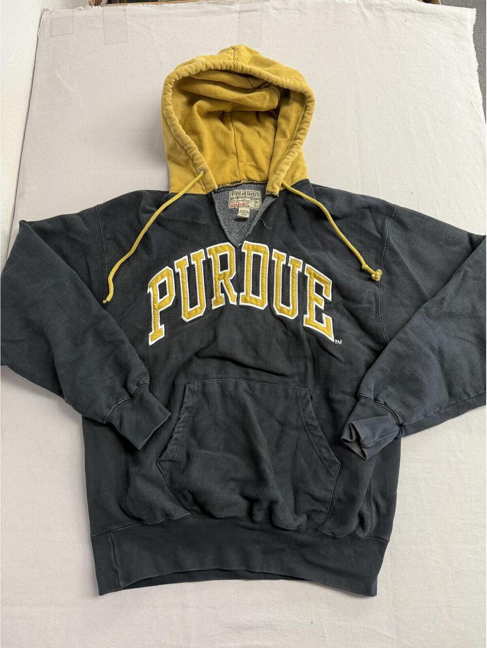 Faded Purdue University Hoodie Embroidered Text Old Gold -L